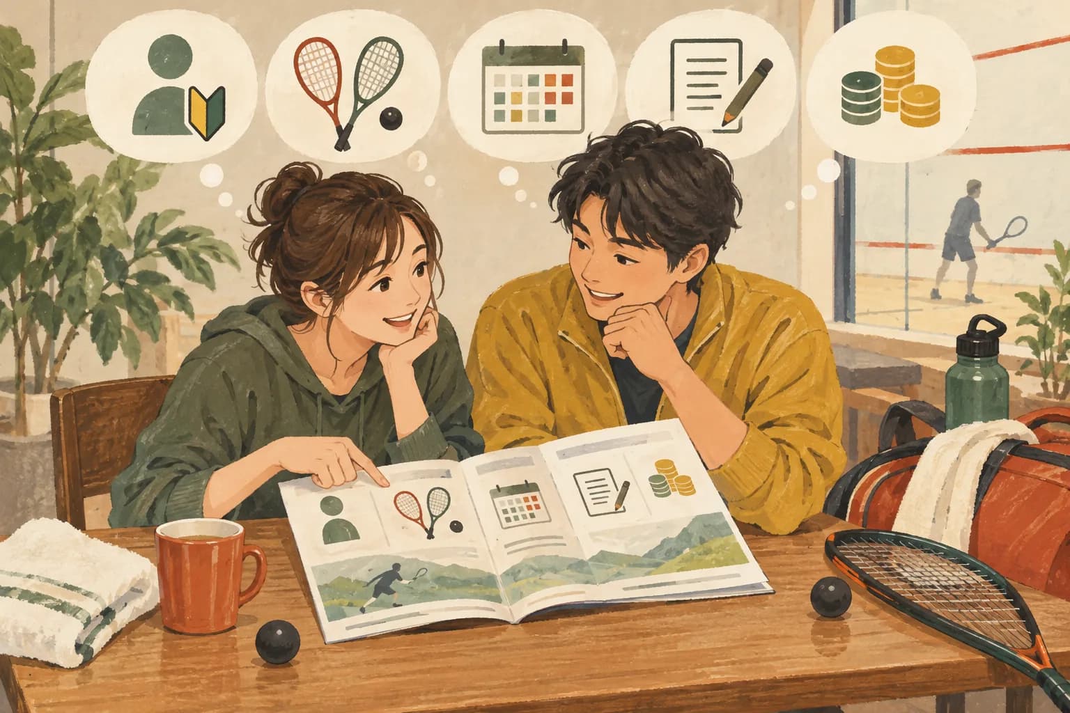初めてのスカッシュ大会の選び方:記事一覧専用のサムネイル(本文画像とは別の場面)を表すイラスト