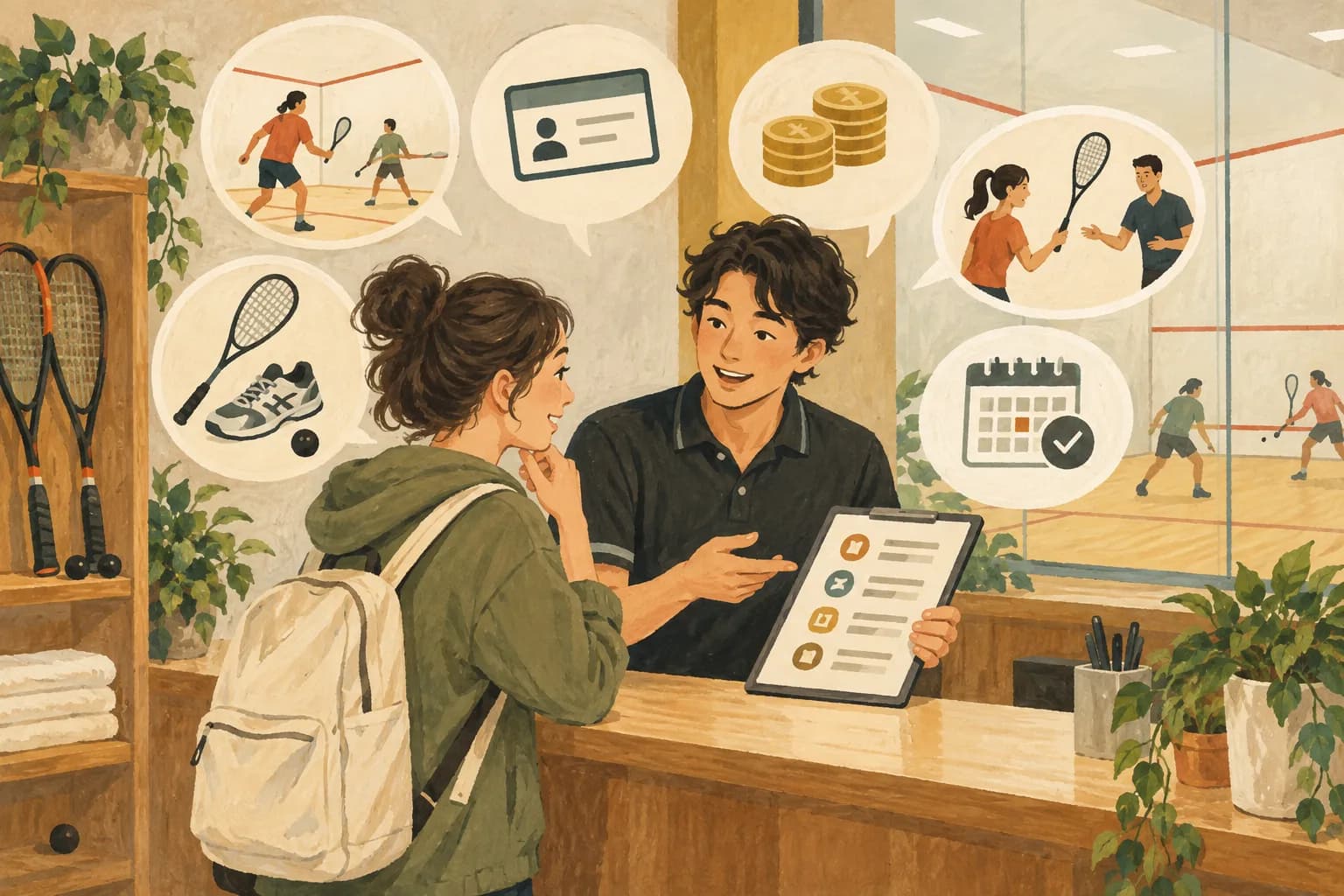 初めてのスカッシュコートの選び方:記事一覧専用のサムネイル(本文画像とは別の場面)を表すイラスト