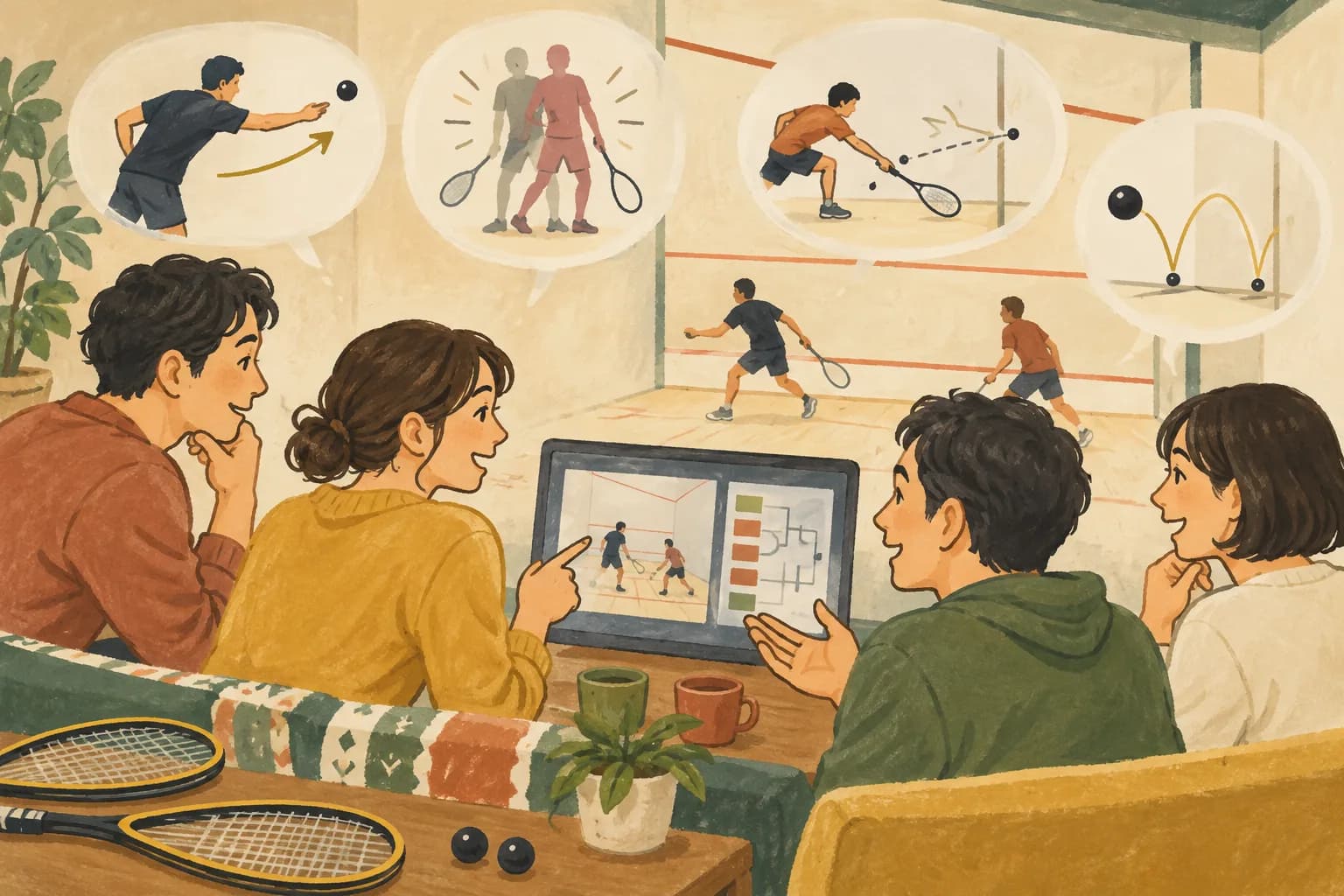 スカッシュの試合ルールとスコアの読み方:記事一覧専用のサムネイル(本文画像とは別の場面)を表すイラスト