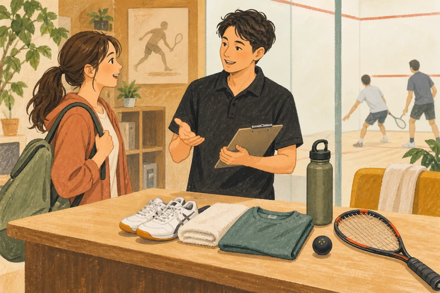 スカッシュの始め方|初めての体験予約と当日の準備:記事一覧専用のサムネイル(本文画像とは別の場面)を表すイラスト