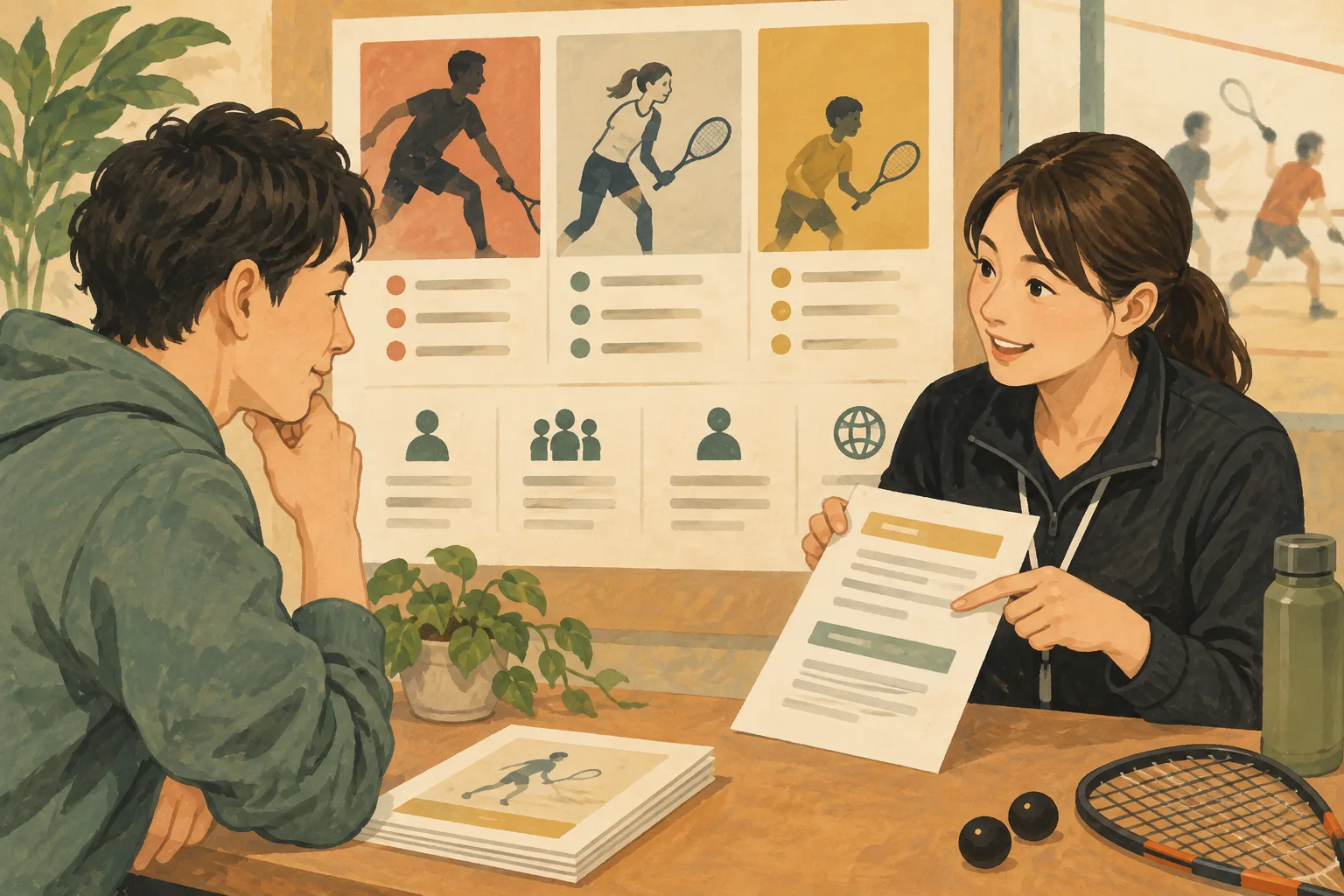 初めてのスカッシュ大会の選び方:参加できる種目を先に確かめるを表すイラスト