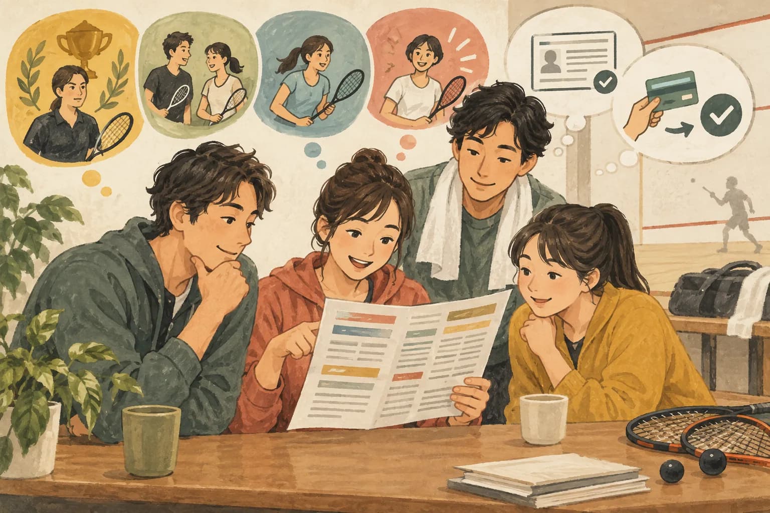 初めてのスカッシュ大会の選び方:実際の募集要項で、見る場所をつかもうを表すイラスト