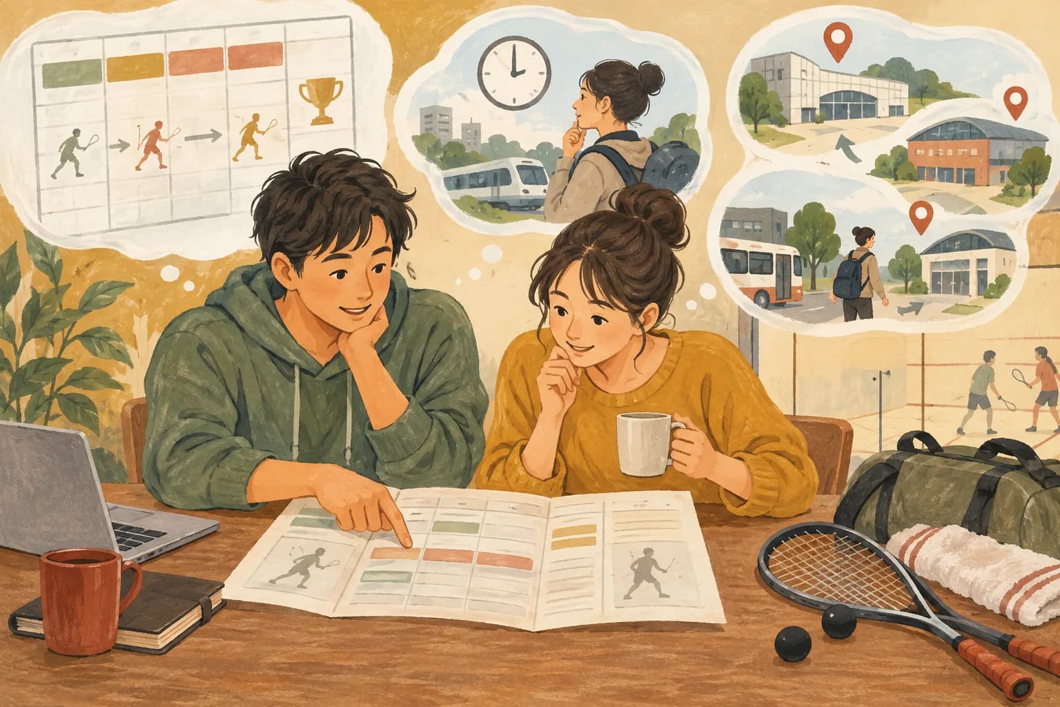 初めてのスカッシュ大会の選び方:開催日だけでなく、拘束時間と会場を見るを表すイラスト