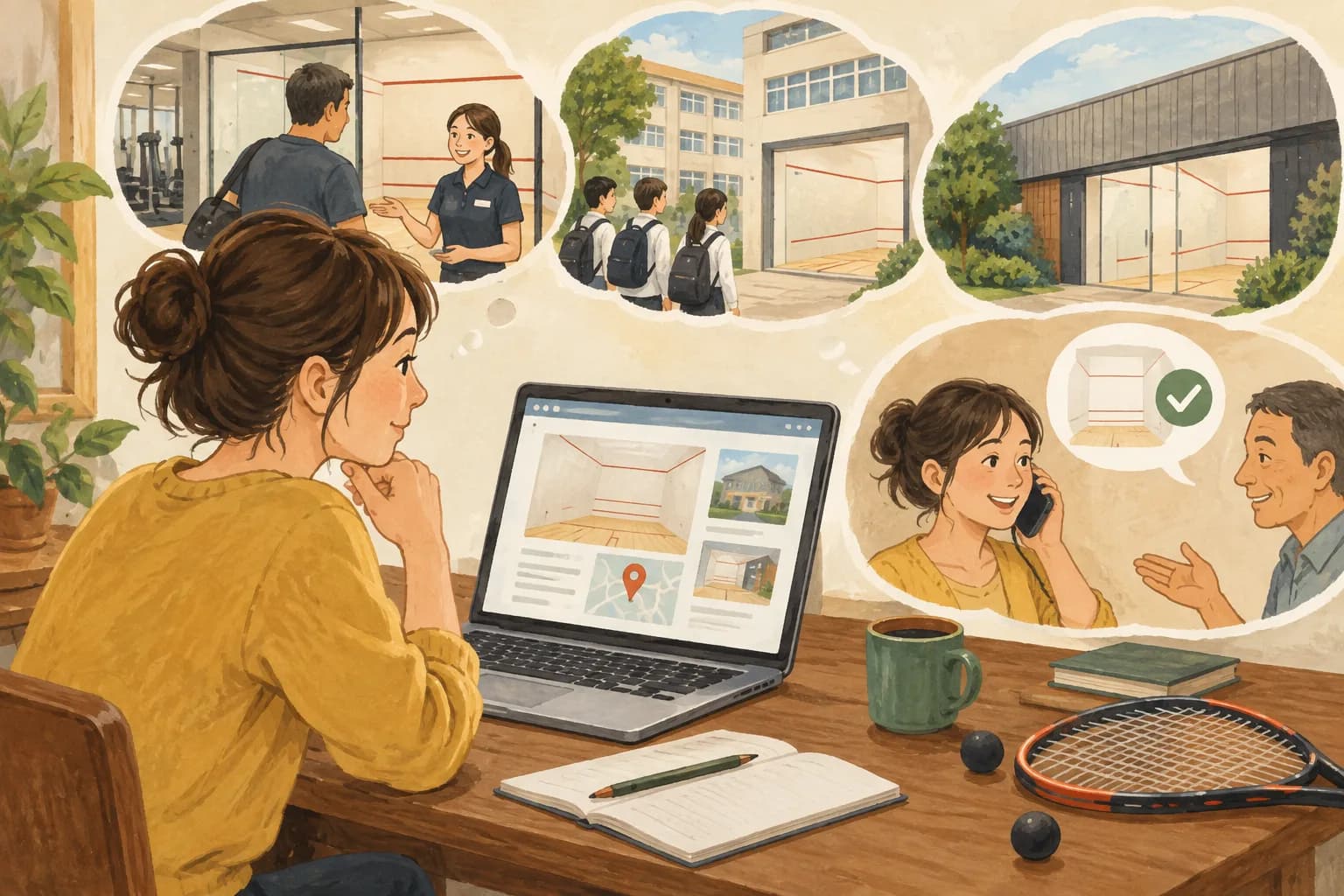 初めてのスカッシュコートの選び方:一般利用できる施設かを確認するを表すイラスト