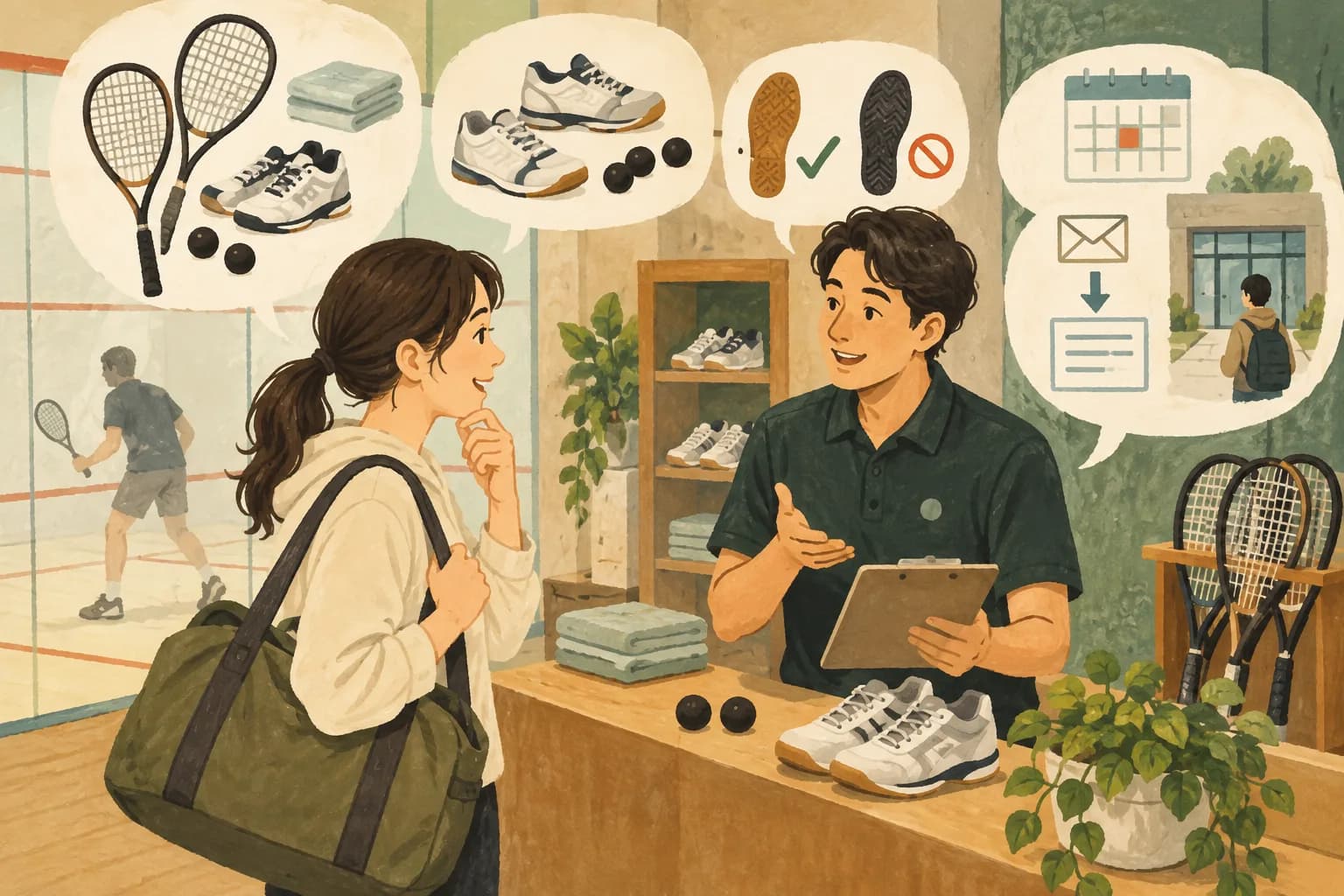 初めてのスカッシュコートの選び方:貸出と持ち物、当日の受付を確認するを表すイラスト