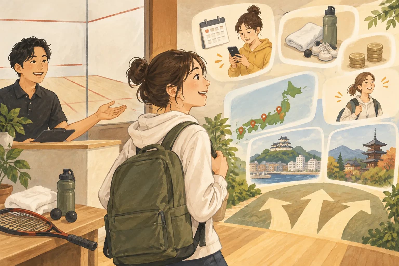 初めてのスカッシュコートの選び方:次に進むを表すイラスト