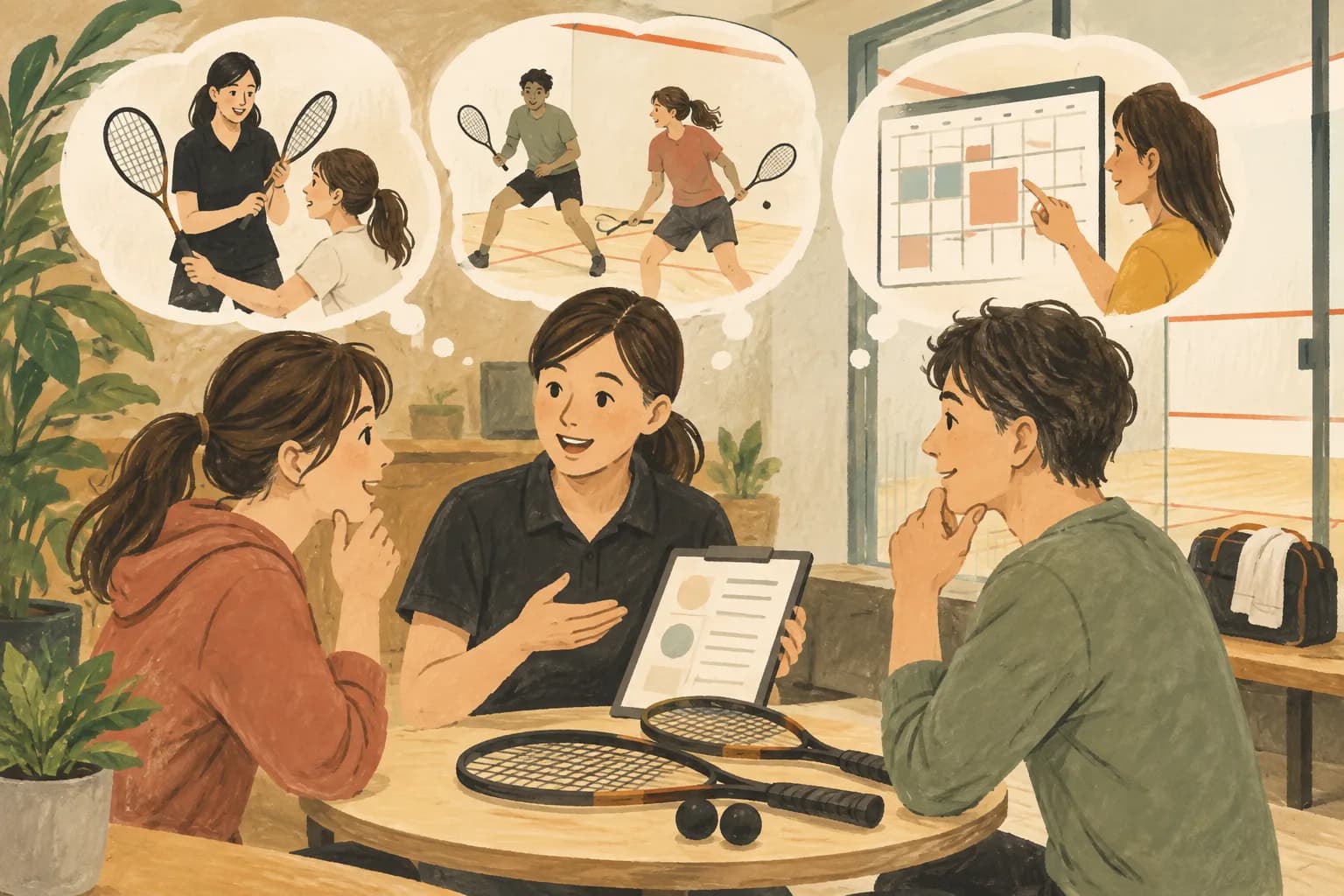 初めてのスカッシュコートの選び方:体験・レッスン・コート利用を選び分けるを表すイラスト
