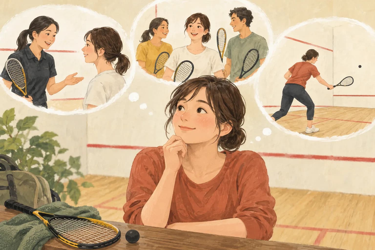 スカッシュは一人でもできる?体験・レッスン・個人練習の選び方:記事の表紙を表すイラスト