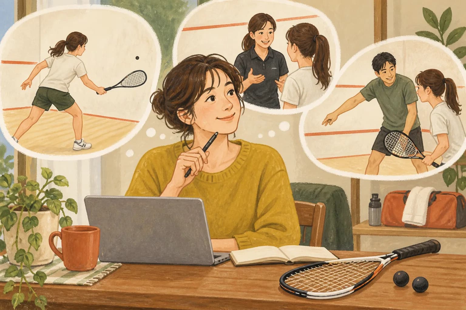 スカッシュは一人でもできる?体験・レッスン・個人練習の選び方:出典・確認先を表すイラスト