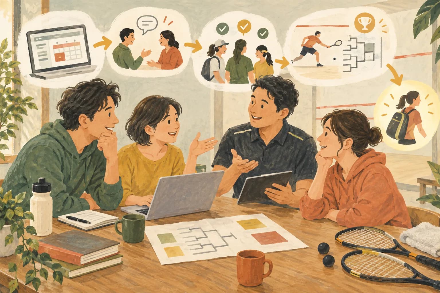 スカッシュ大会の運営準備|募集から当日・結果公開まで:次に進むを表すイラスト