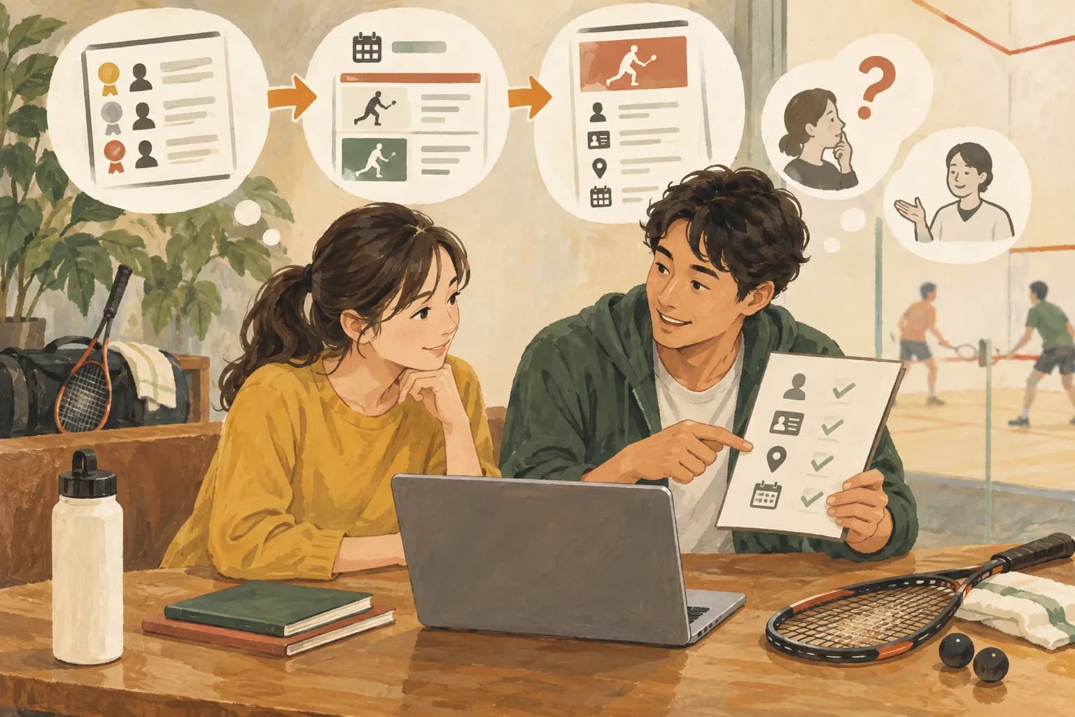 スカッシュランキングの見方:大会を選ぶときは、参加資格も別に確認するを表すイラスト