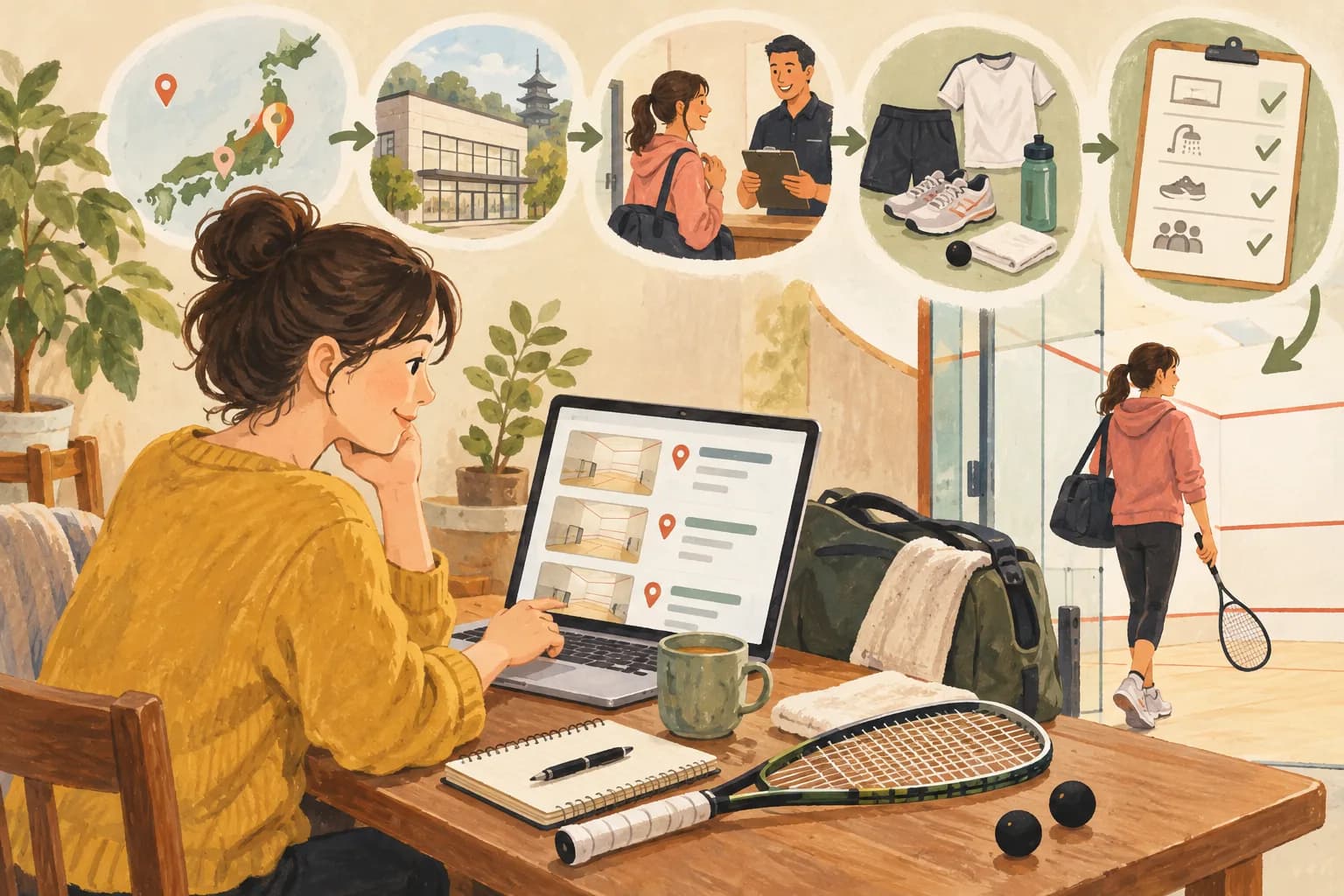 スカッシュの料金はいくら?体験・コート利用・スクールの費用:次に進むを表すイラスト