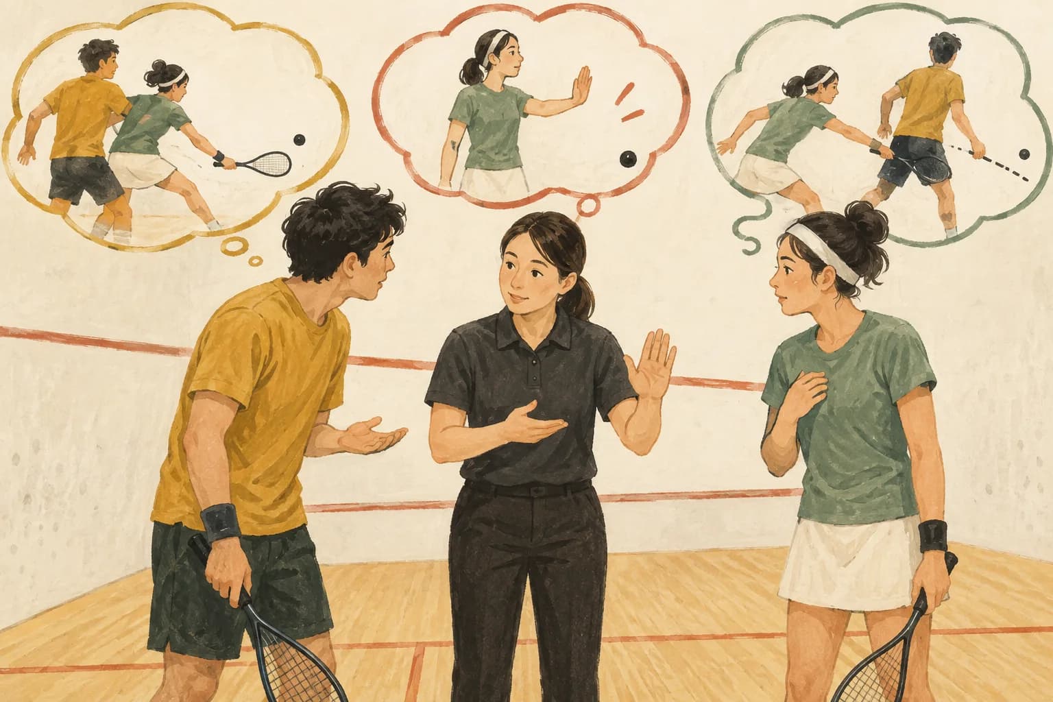 スカッシュの試合ルールとスコアの読み方:レット・ストローク・ノーレットの違いを表すイラスト