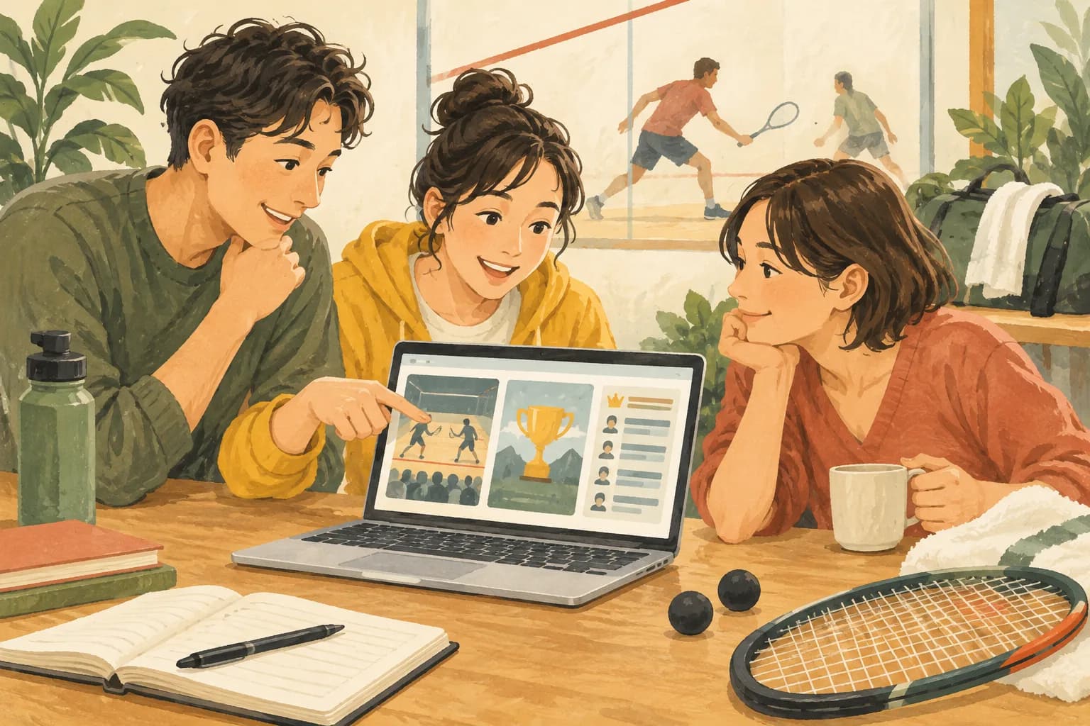 スカッシュの試合ルールとスコアの読み方:次に進むを表すイラスト