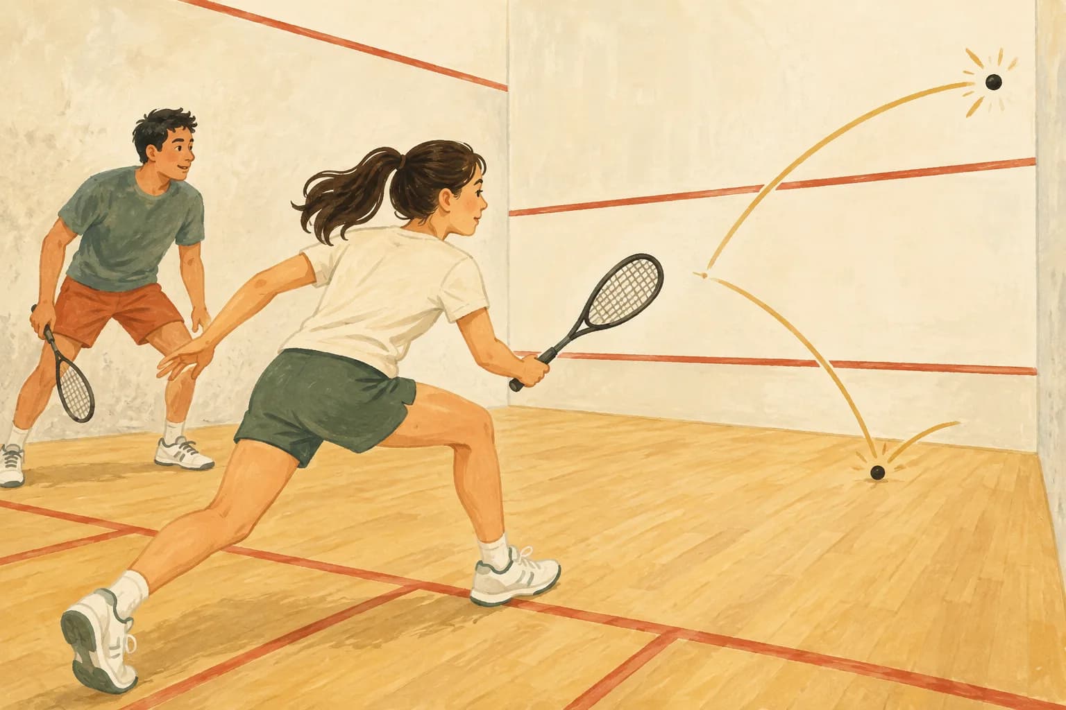 スカッシュの試合ルールとスコアの読み方:返球は、床に2回弾む前にを表すイラスト