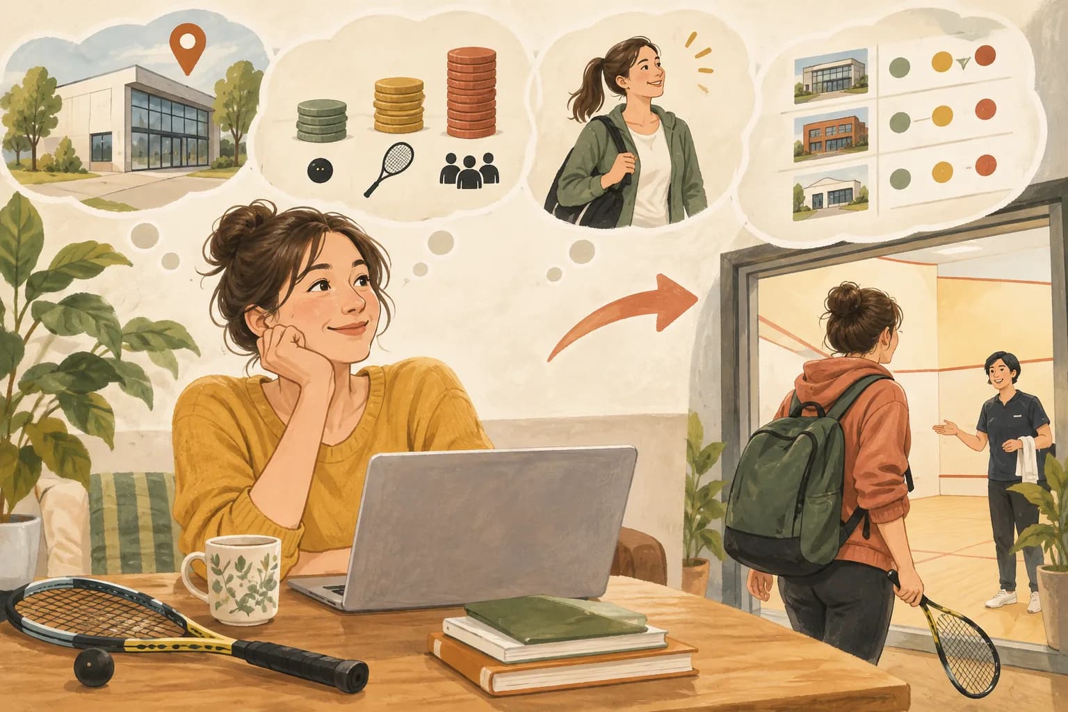スカッシュの始め方|初めての体験予約と当日の準備:次に進むを表すイラスト